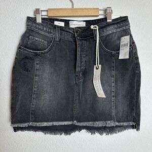 Band of Gypsies Black Denim Mini Jean Skirt Raw Hem Button Fly Distressed Sz 27